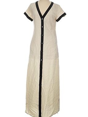 Commense Classic V-Neck Cream Maxi Dress with Black Trim